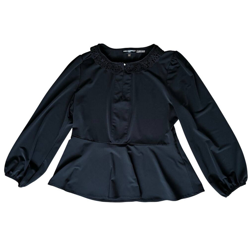 Karl Lagerfeld Paris Women’s Black Blouse Size L Lace Collar Peplum Long Sleeve